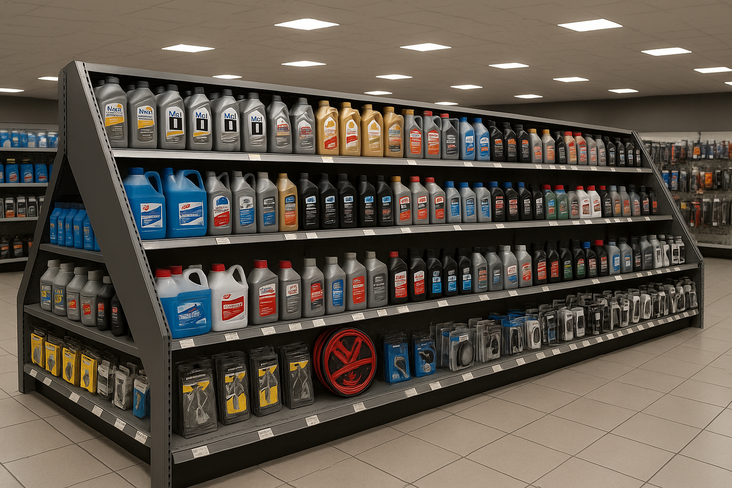  shelf of motor oil, windshield wiper fluid, and everything related to vehicles. The shelf runs diagonally across an aisle.